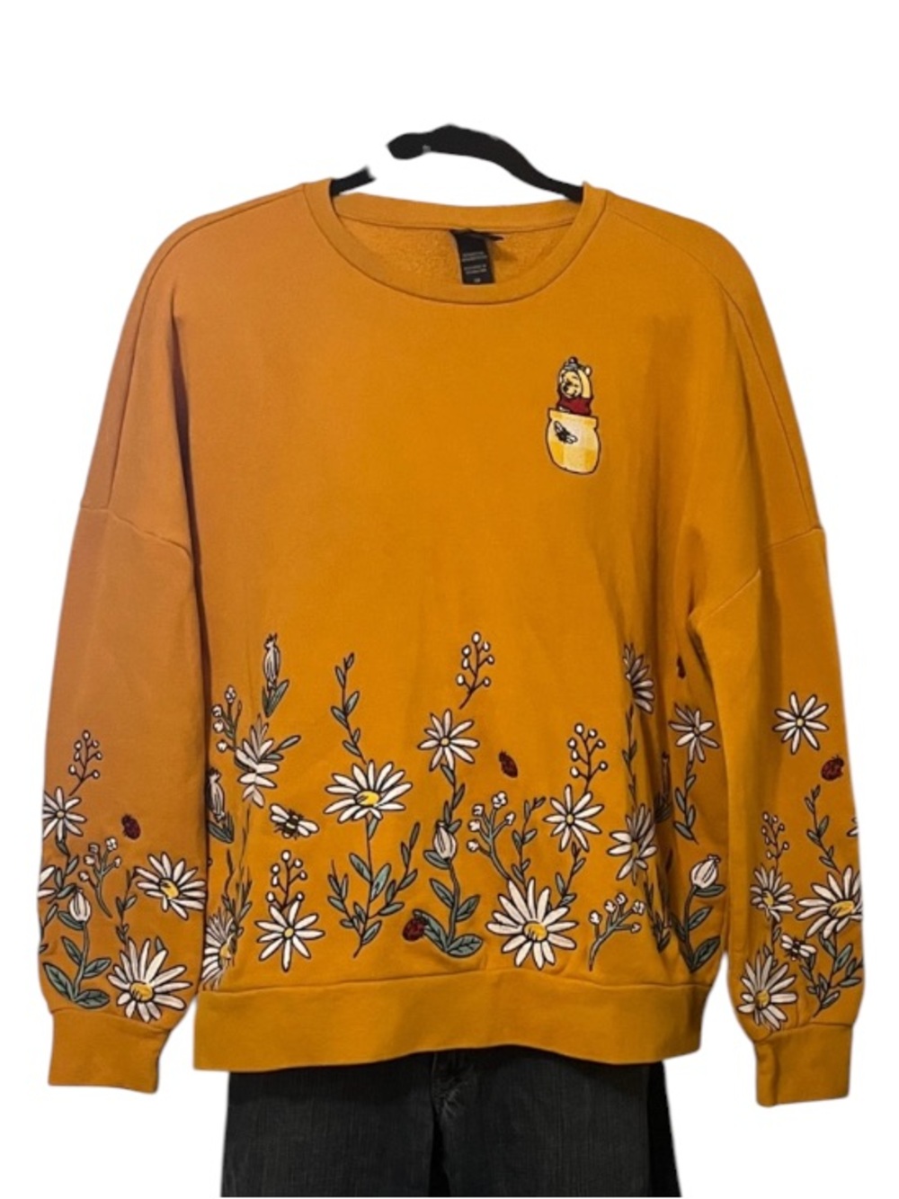 Winnie The Poo Mustard Oversized Embroidered Long Sleeve Sweater Sweatshirt S